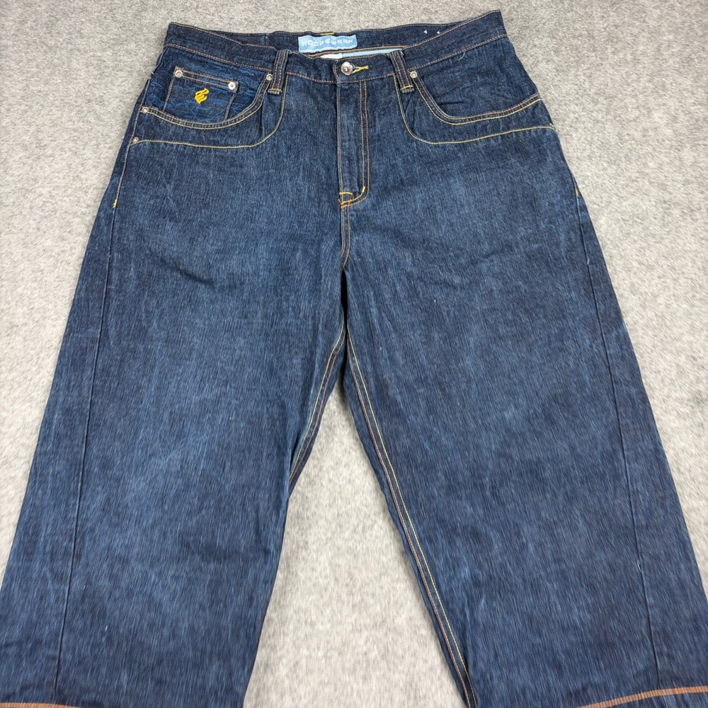 Rocawear Denim Shorts Mens 36 Baggy Y2K Embroidered Dark Wash Hip Hop Streetwear - Picture 3 of 13